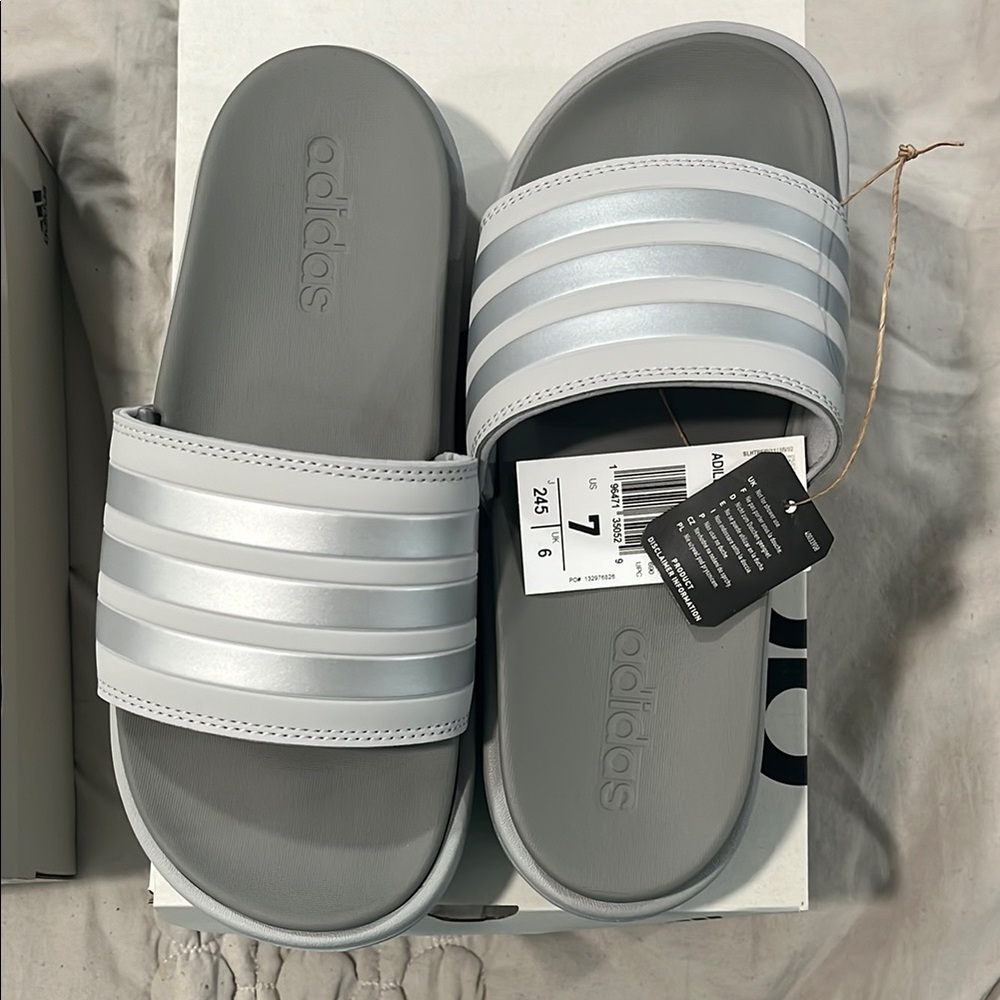 Adidas Gray and White Slide Sandals